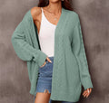 Mixed Cable Knit Longline Open Cardigan - Green