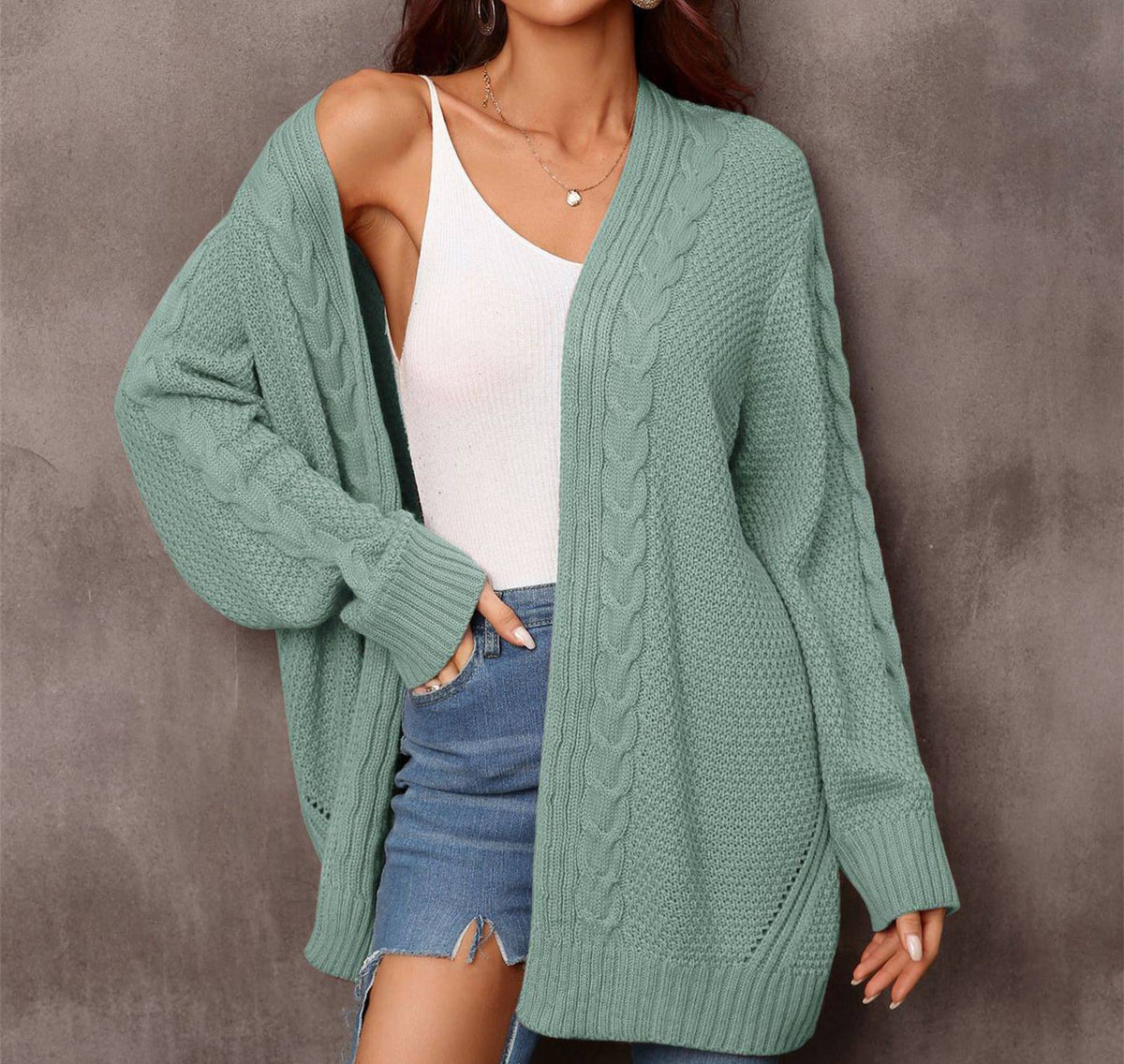 Mixed Cable Knit Longline Open Cardigan - Green