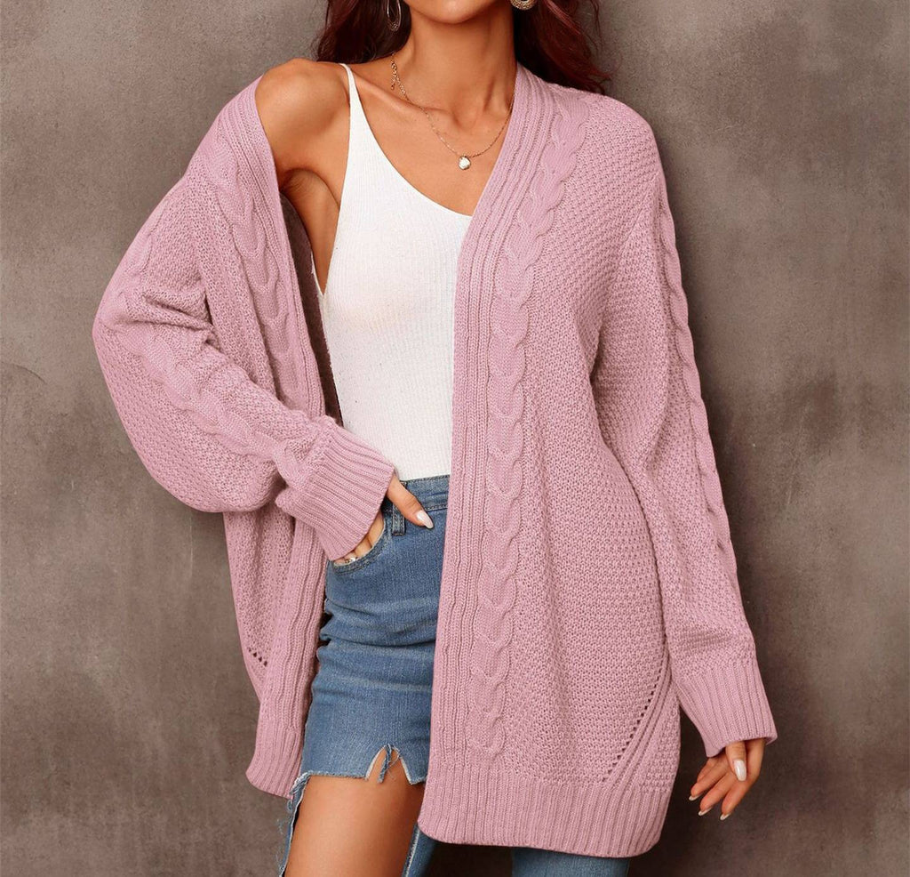 Mixed Cable Knit Longline Open Cardigan - Pink