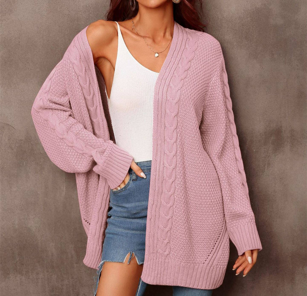 Mixed Cable Knit Longline Open Cardigan - Pink