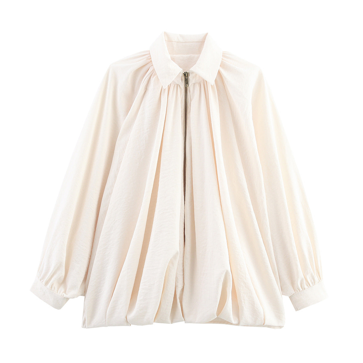 Pleated Balloon Sleeve Zip Front Jacket - Apricot