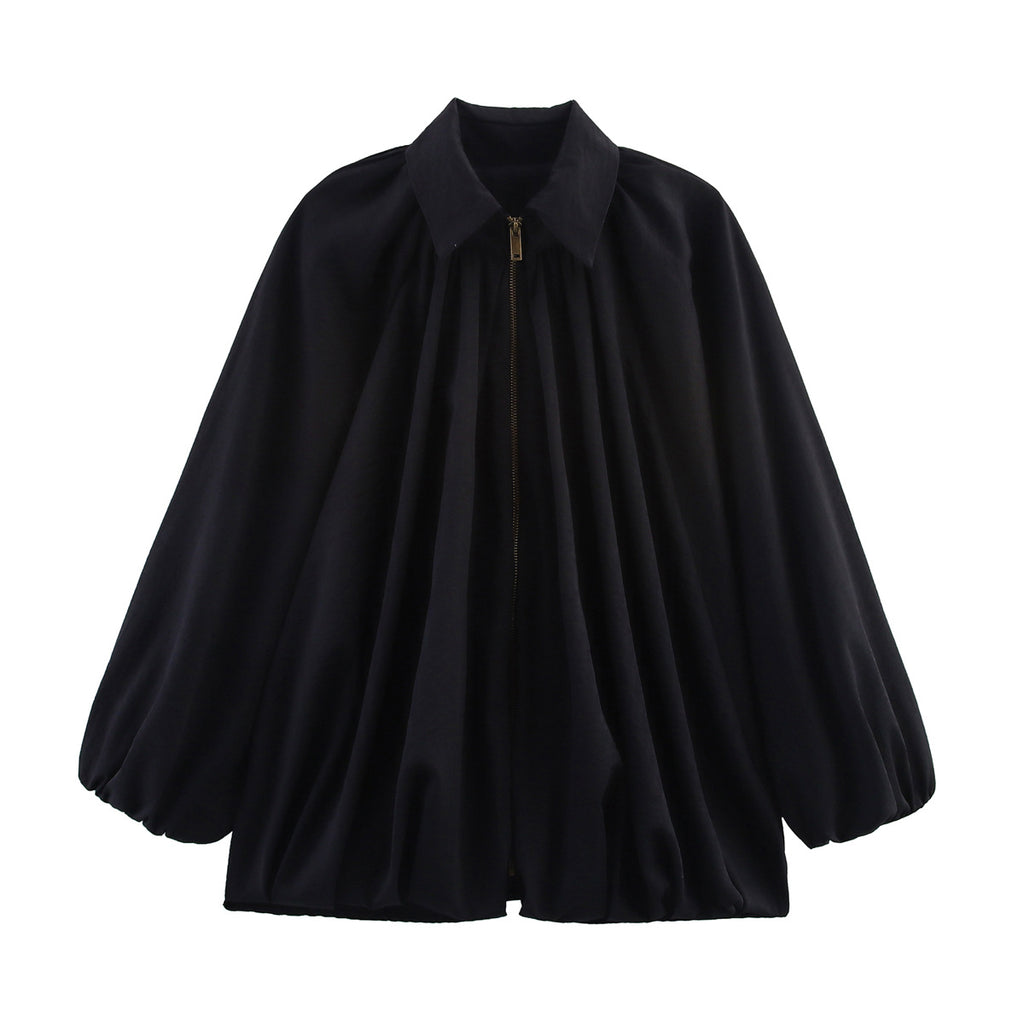 Pleated Balloon Sleeve Zip Front Jacket - Black