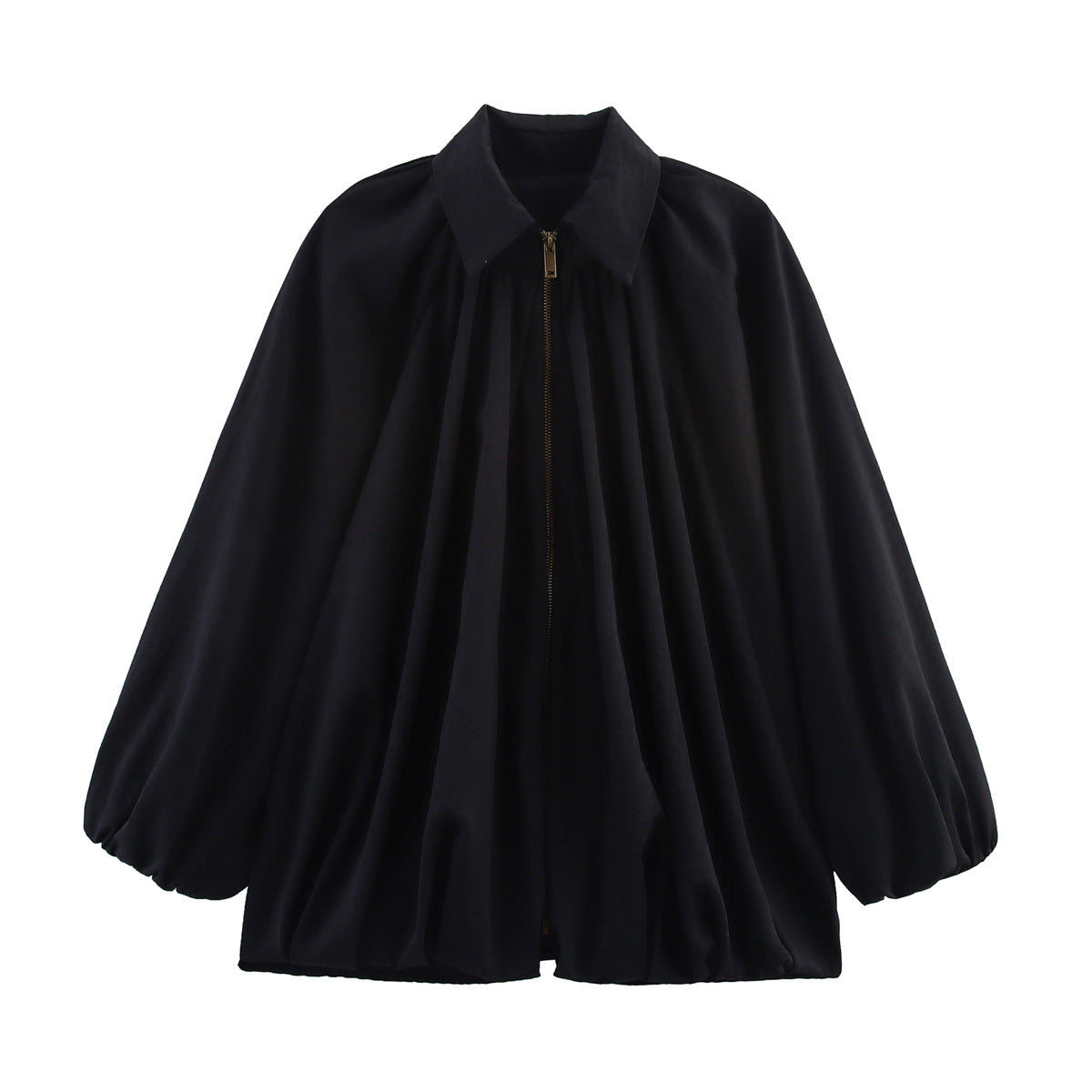 Pleated Balloon Sleeve Zip Front Jacket - Black
