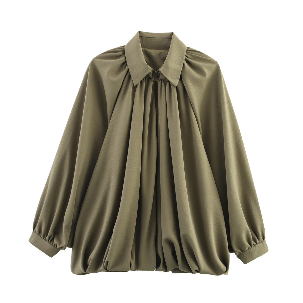 Pleated Balloon Sleeve Zip Front Jacket - Green