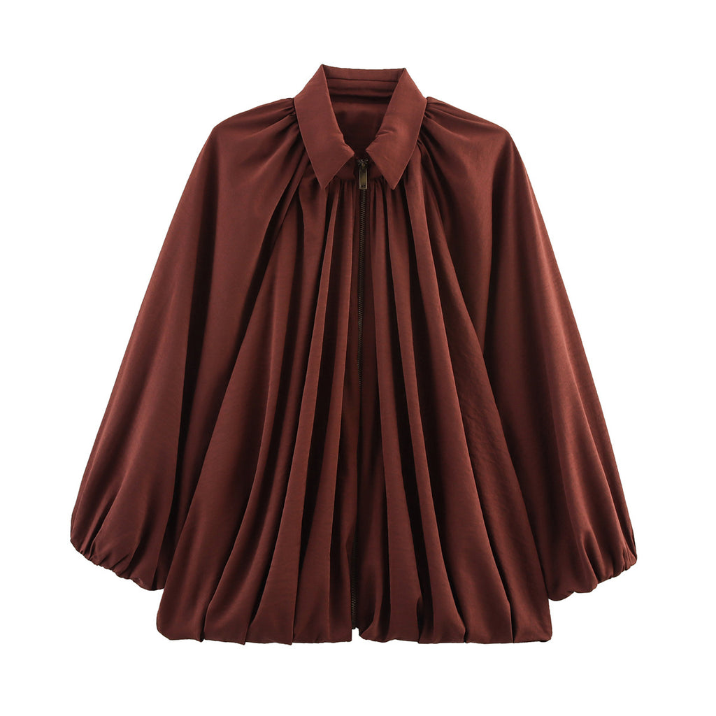 Pleated Balloon Sleeve Zip Front Jacket - Red