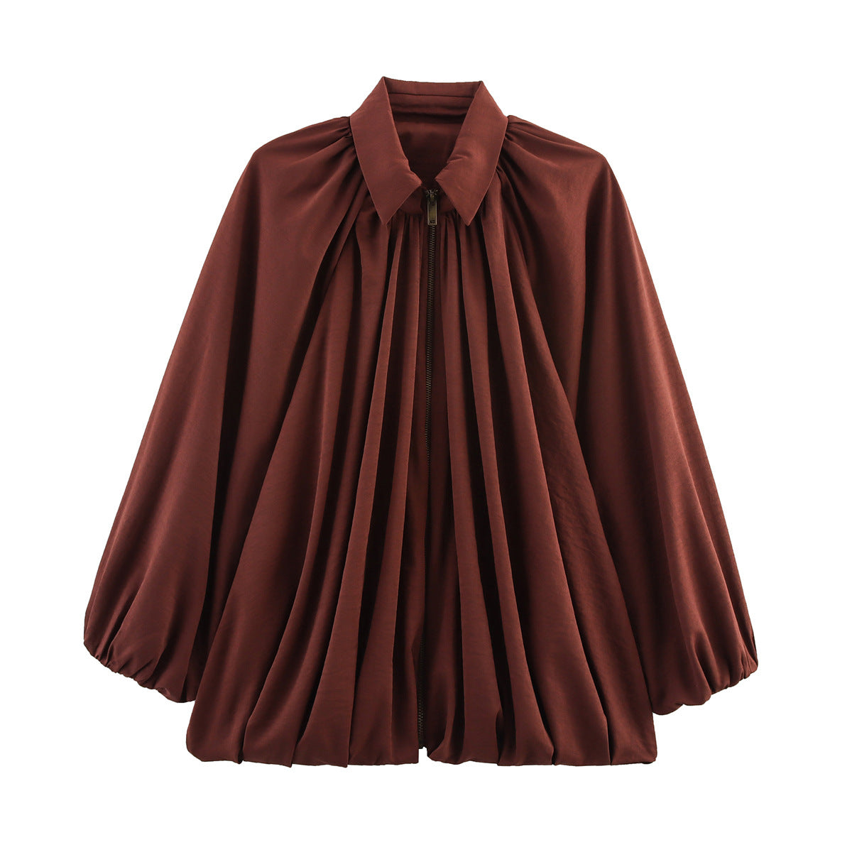 Pleated Balloon Sleeve Zip Front Jacket - Red