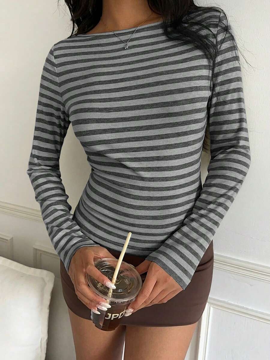 Fitted Multi-Stripe Ribbed Mock-Neck Long-Sleeve Top - Grey
