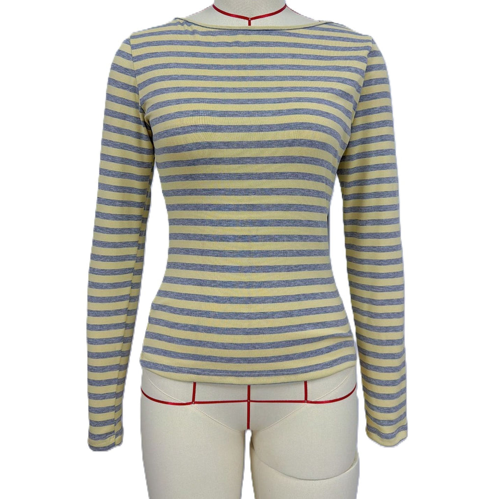 Fitted Multi-Stripe Ribbed Mock-Neck Long-Sleeve Top - Yellow