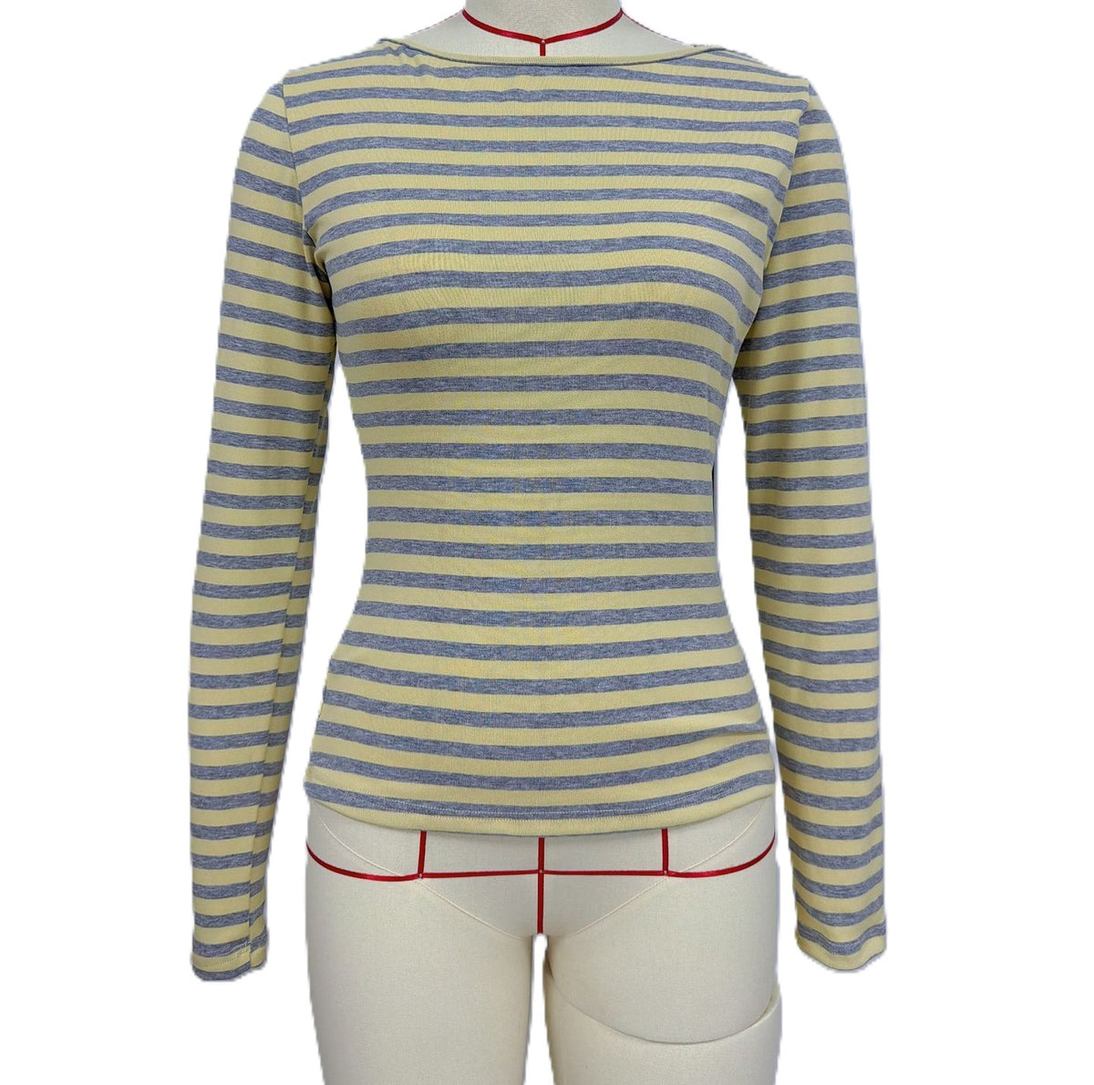 Fitted Multi-Stripe Ribbed Mock-Neck Long-Sleeve Top - Yellow