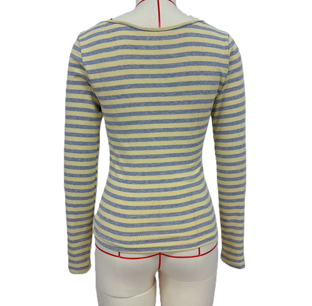 Fitted Multi-Stripe Ribbed Mock-Neck Long-Sleeve Top - Yellow - 2