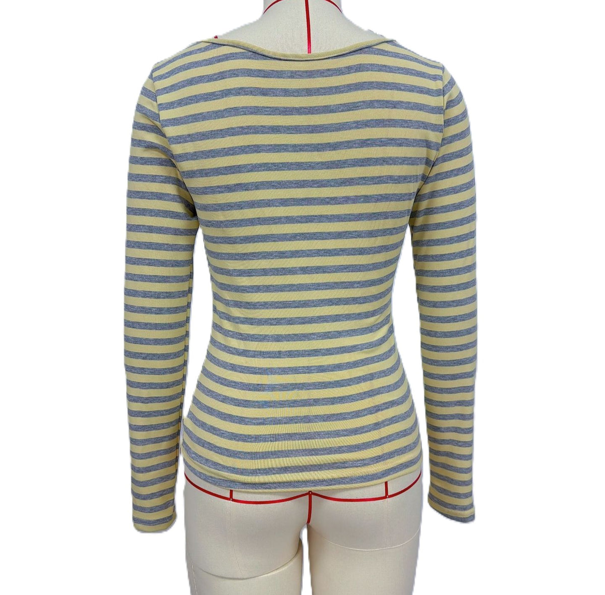 Fitted Multi-Stripe Ribbed Mock-Neck Long-Sleeve Top - Yellow - 2