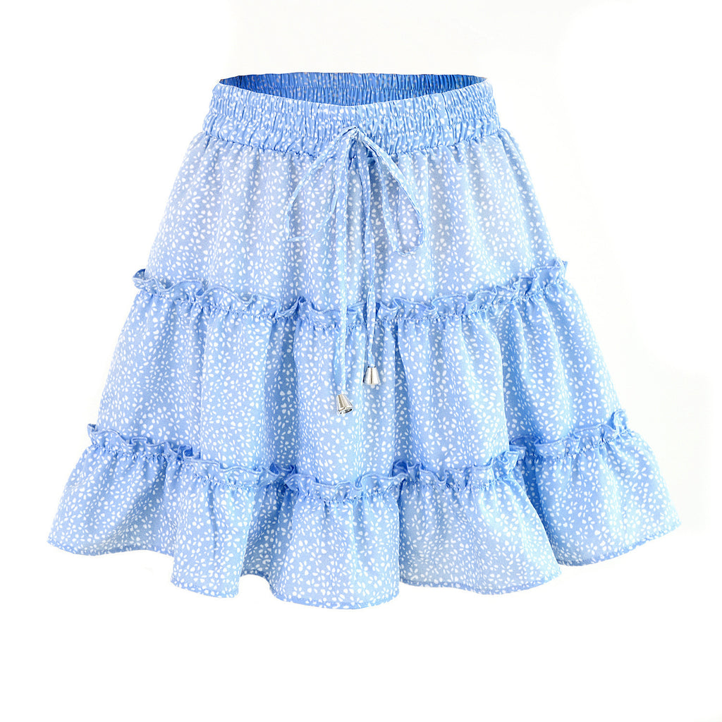 Drawstring Waist Tiered Ruffle Mini Skirt - Dots_B