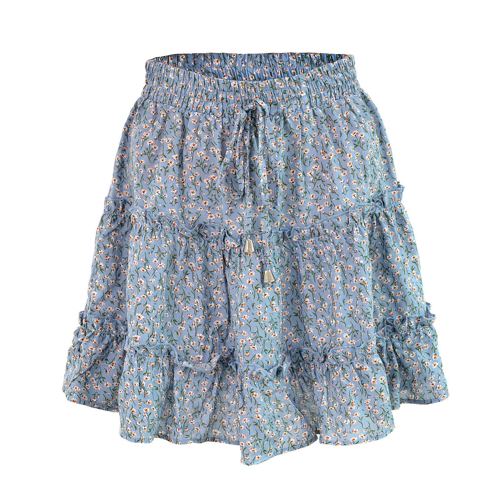 Drawstring Waist Tiered Ruffle Mini Skirt - Floral_B