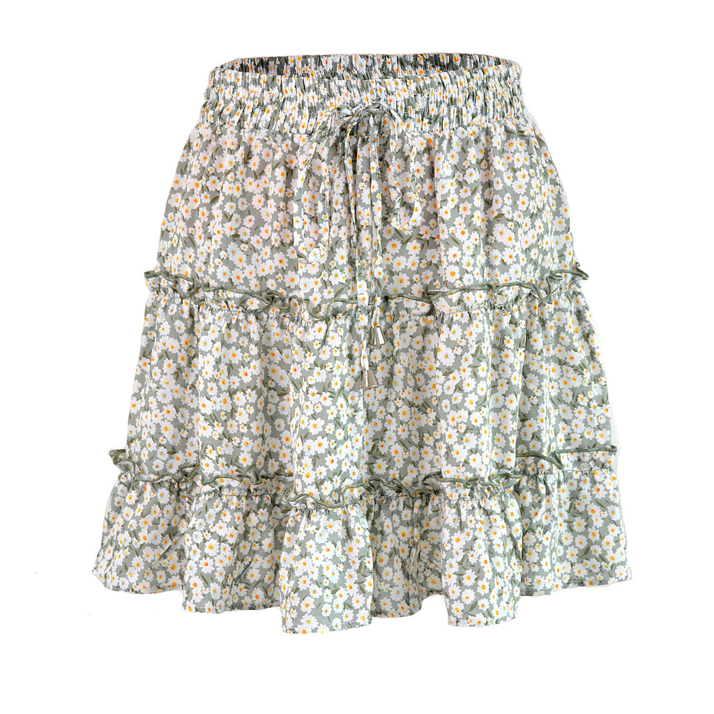 Drawstring Waist Tiered Ruffle Mini Skirt - Floral_G