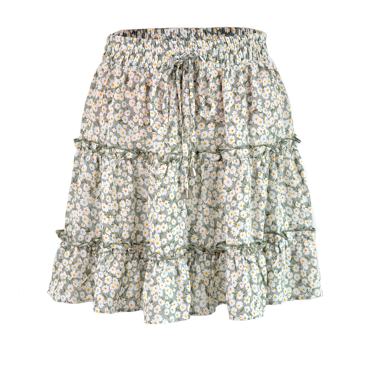 Drawstring Waist Tiered Ruffle Mini Skirt - Floral_G