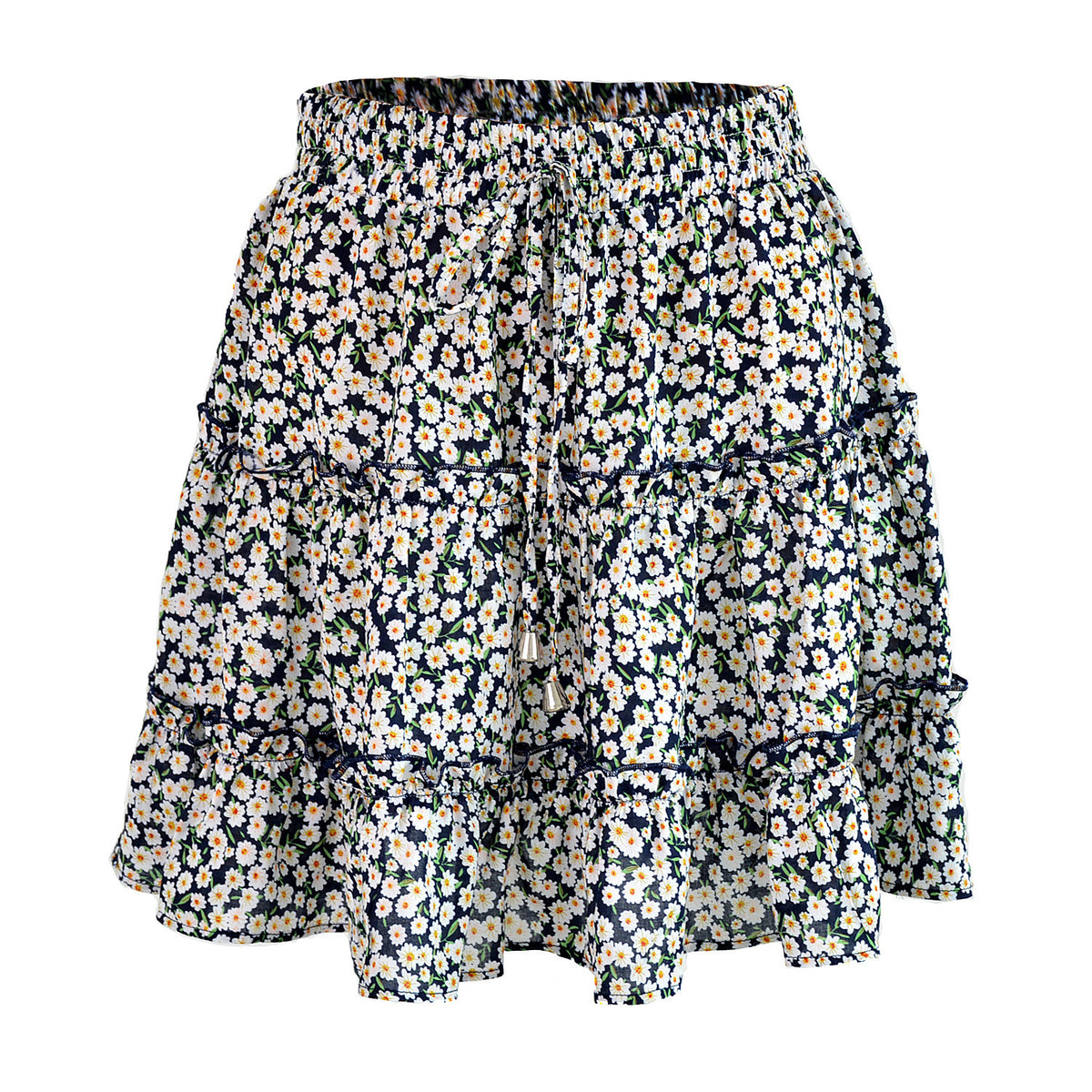 Drawstring Waist Tiered Ruffle Mini Skirt - Floral_N