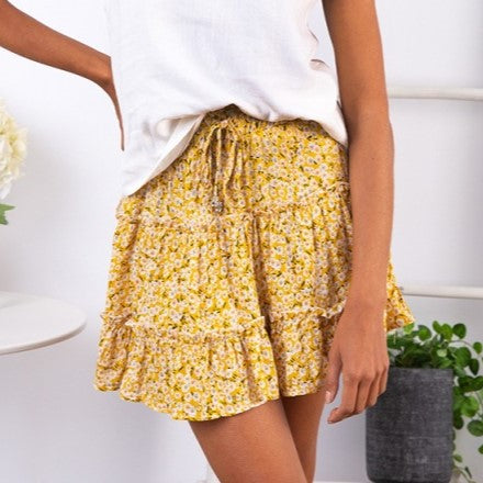 Drawstring Waist Tiered Ruffle Mini Skirt - Floral_Y