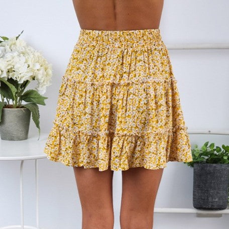 Drawstring Waist Tiered Ruffle Mini Skirt - Floral_Y - 2