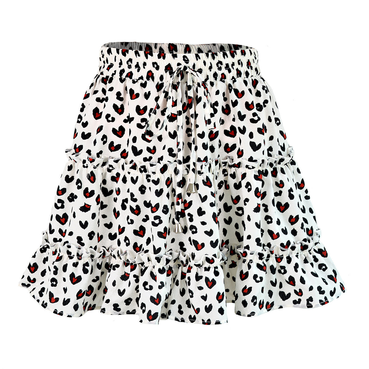 Drawstring Waist Tiered Ruffle Mini Skirt - Leopard