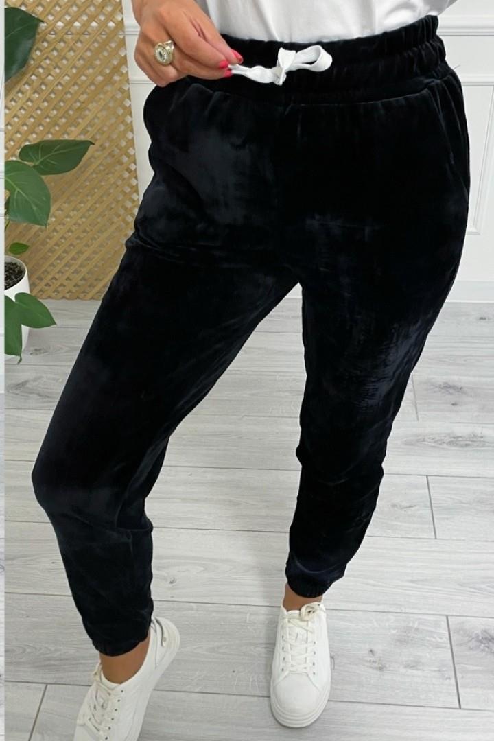 Velvet Drawstring Cuffed Jogger Pants - Black
