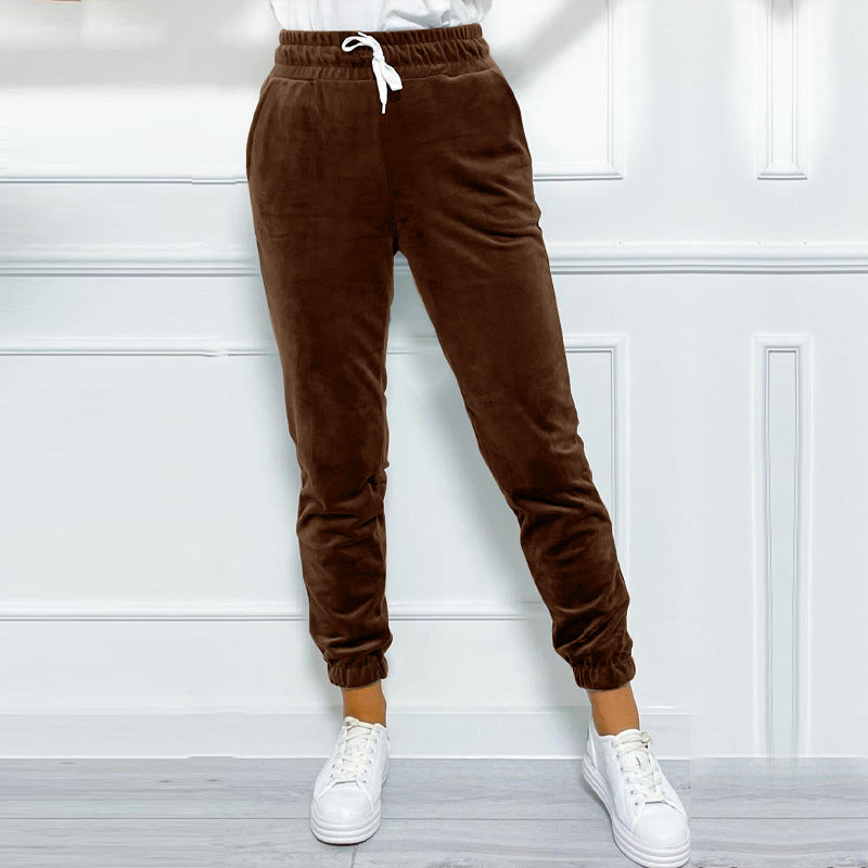 Velvet Drawstring Cuffed Jogger Pants - Brown