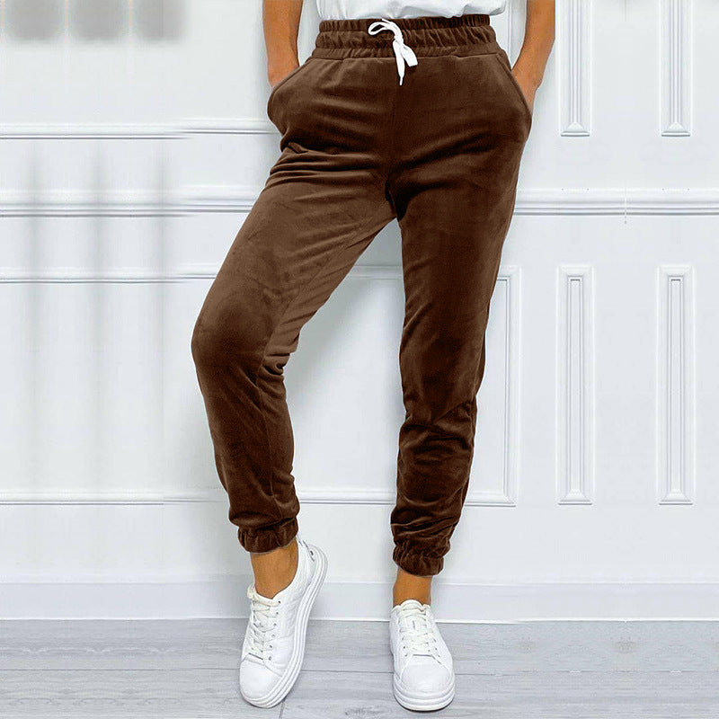 Velvet Drawstring Cuffed Jogger Pants - Brown - 1