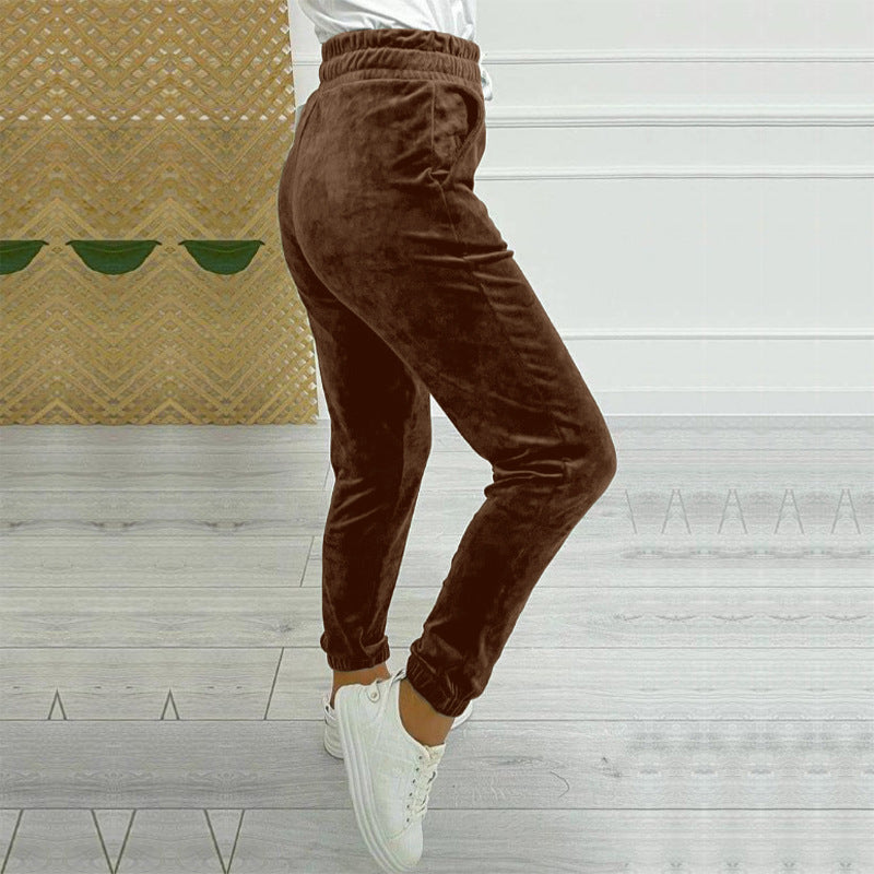 Velvet Drawstring Cuffed Jogger Pants - Brown - 2