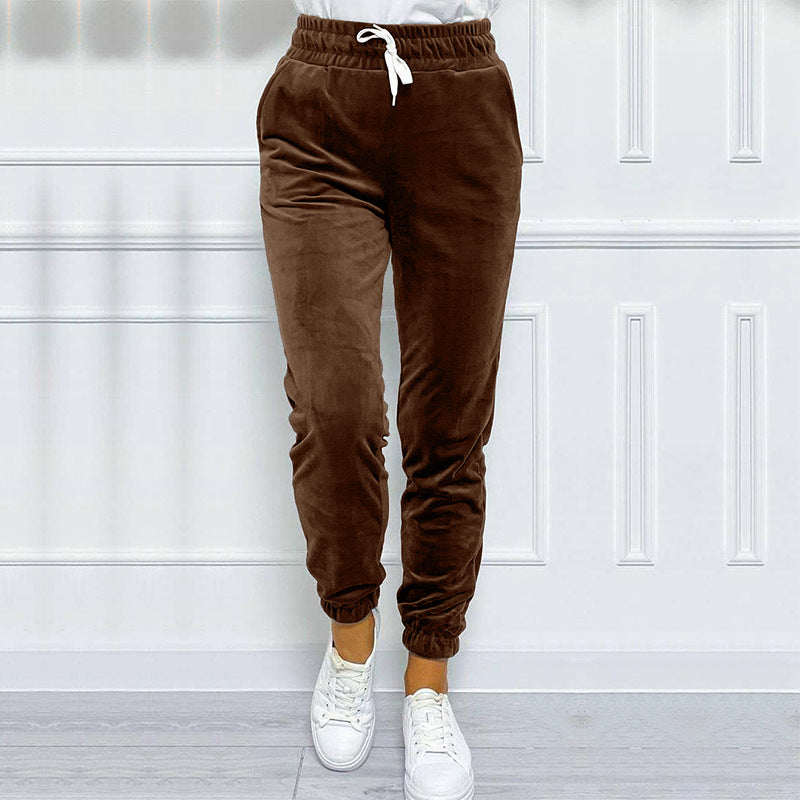 Velvet Drawstring Cuffed Jogger Pants - Brown - 3