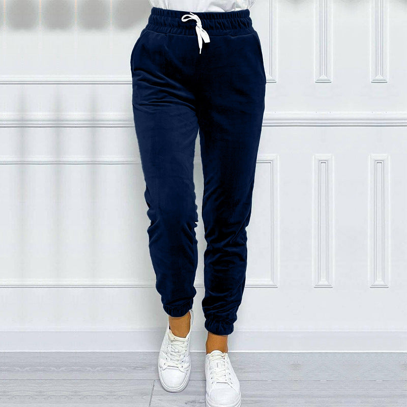 Velvet Drawstring Cuffed Jogger Pants - DarkBlue