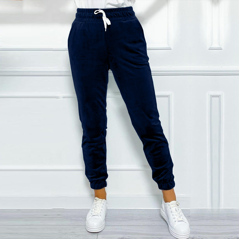 Velvet Drawstring Cuffed Jogger Pants - DarkBlue - 1