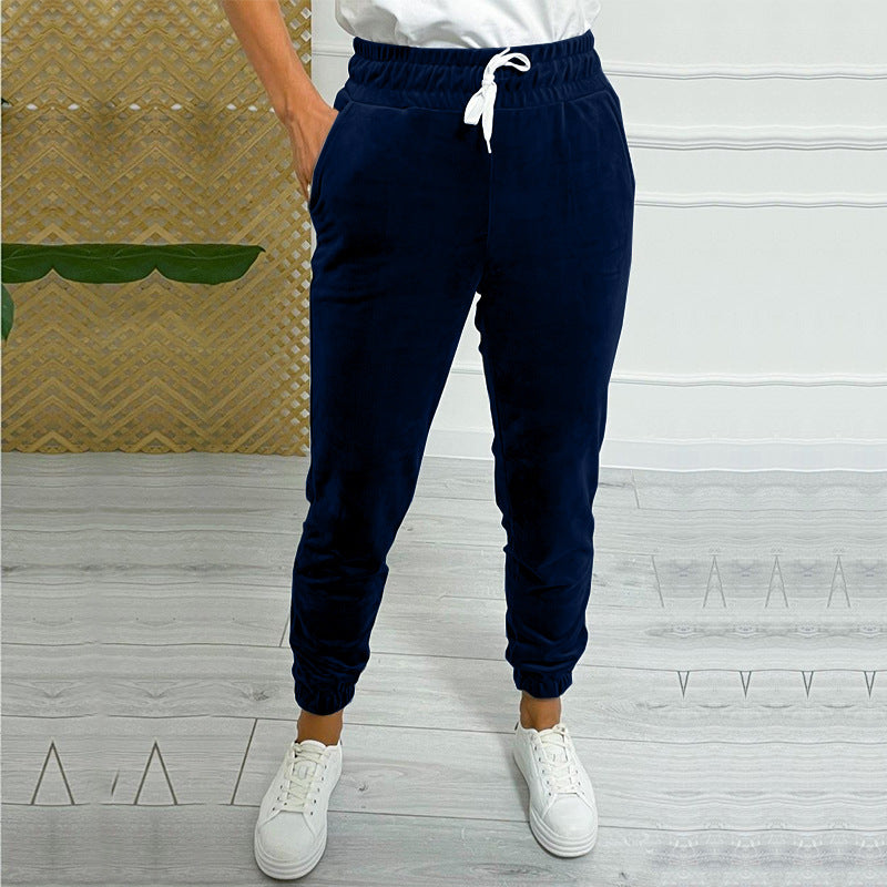 Velvet Drawstring Cuffed Jogger Pants - DarkBlue - 2