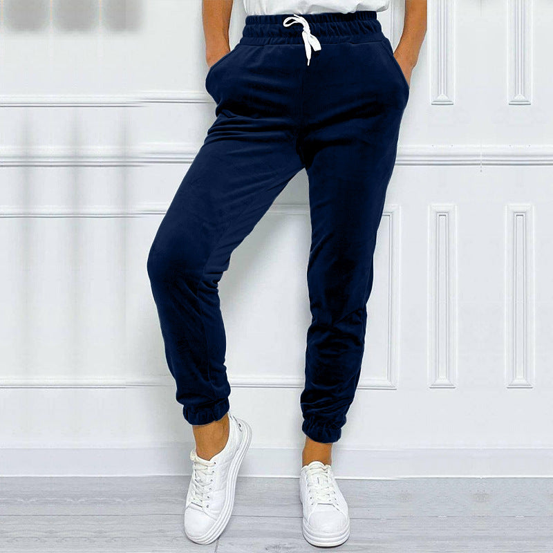 Velvet Drawstring Cuffed Jogger Pants - DarkBlue - 3