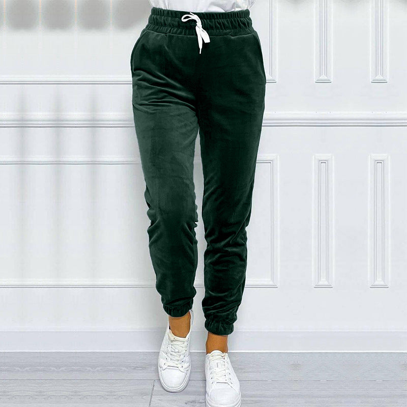 Velvet Drawstring Cuffed Jogger Pants - Green
