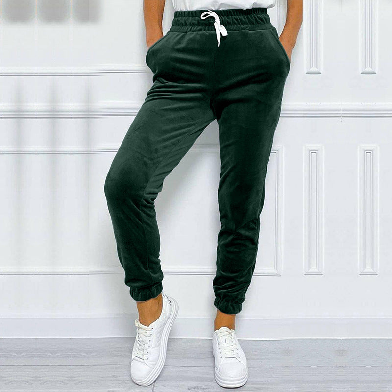 Velvet Drawstring Cuffed Jogger Pants - Green - 1