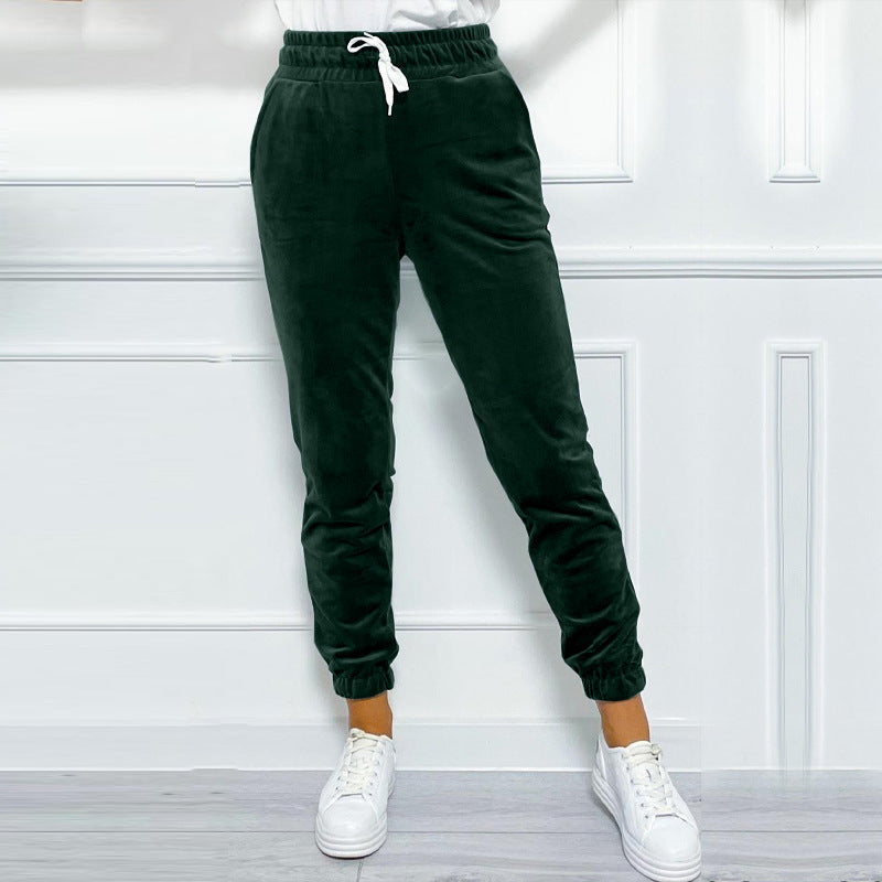 Velvet Drawstring Cuffed Jogger Pants - Green - 2