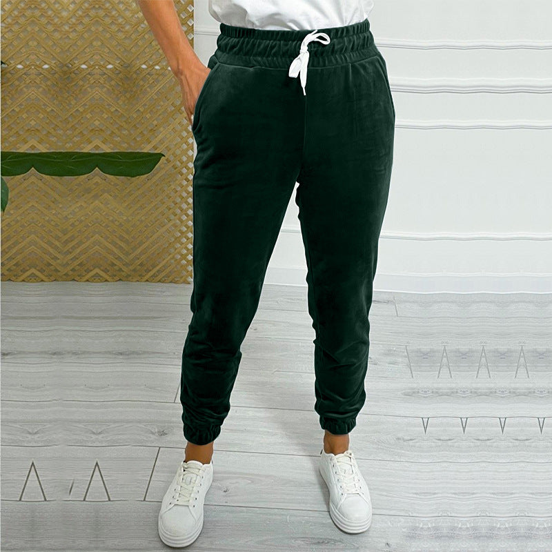 Velvet Drawstring Cuffed Jogger Pants - Green - 3