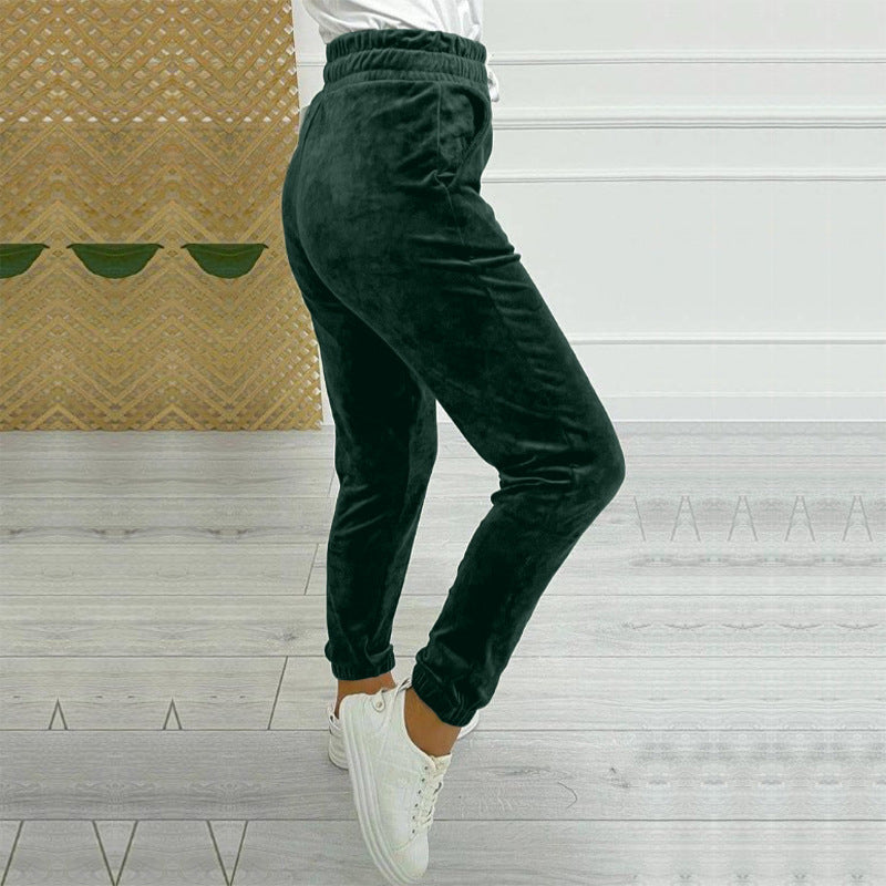 Velvet Drawstring Cuffed Jogger Pants - Green - 4