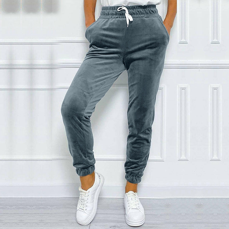 Velvet Drawstring Cuffed Jogger Pants - Grey