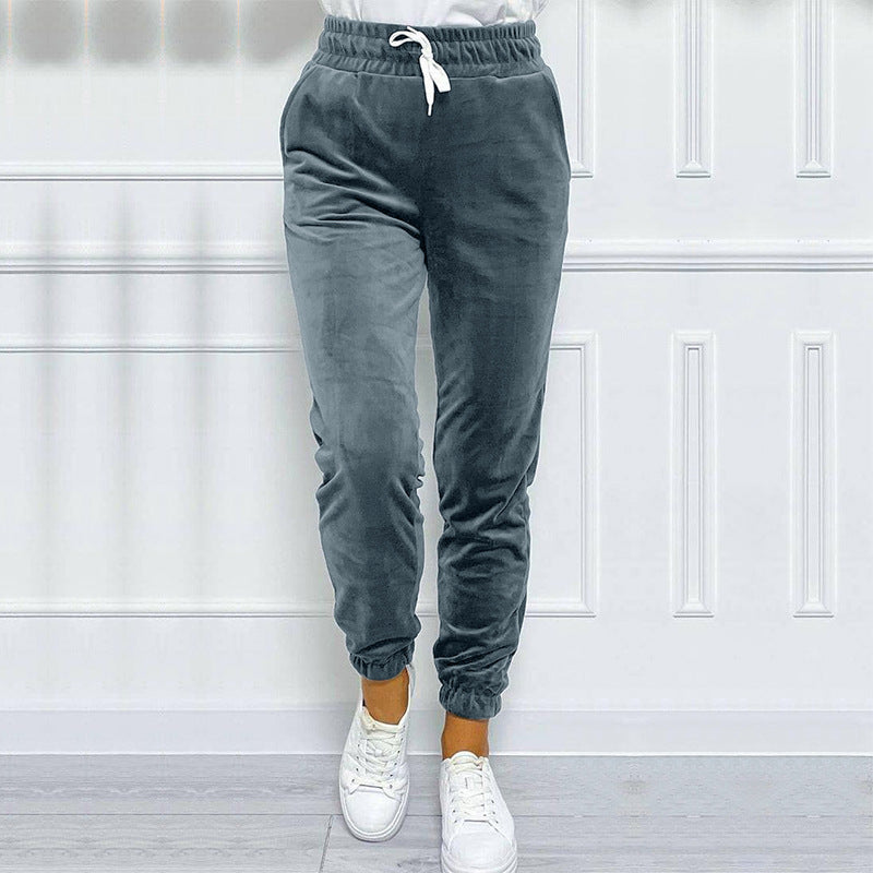 Velvet Drawstring Cuffed Jogger Pants - Grey - 1