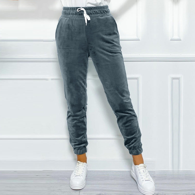 Velvet Drawstring Cuffed Jogger Pants - Grey - 2