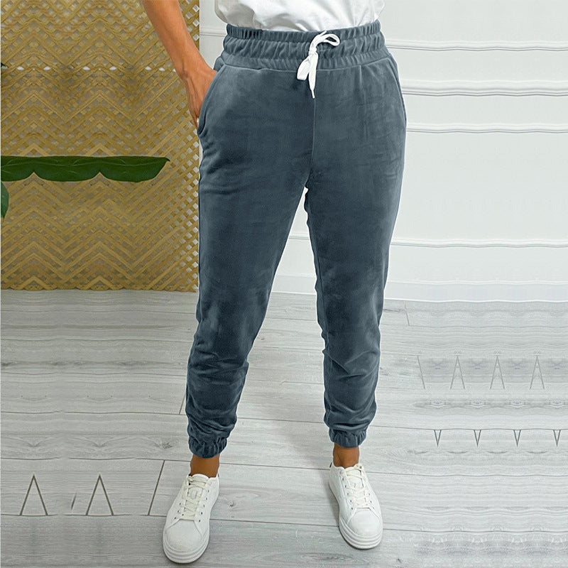 Velvet Drawstring Cuffed Jogger Pants - Grey - 3