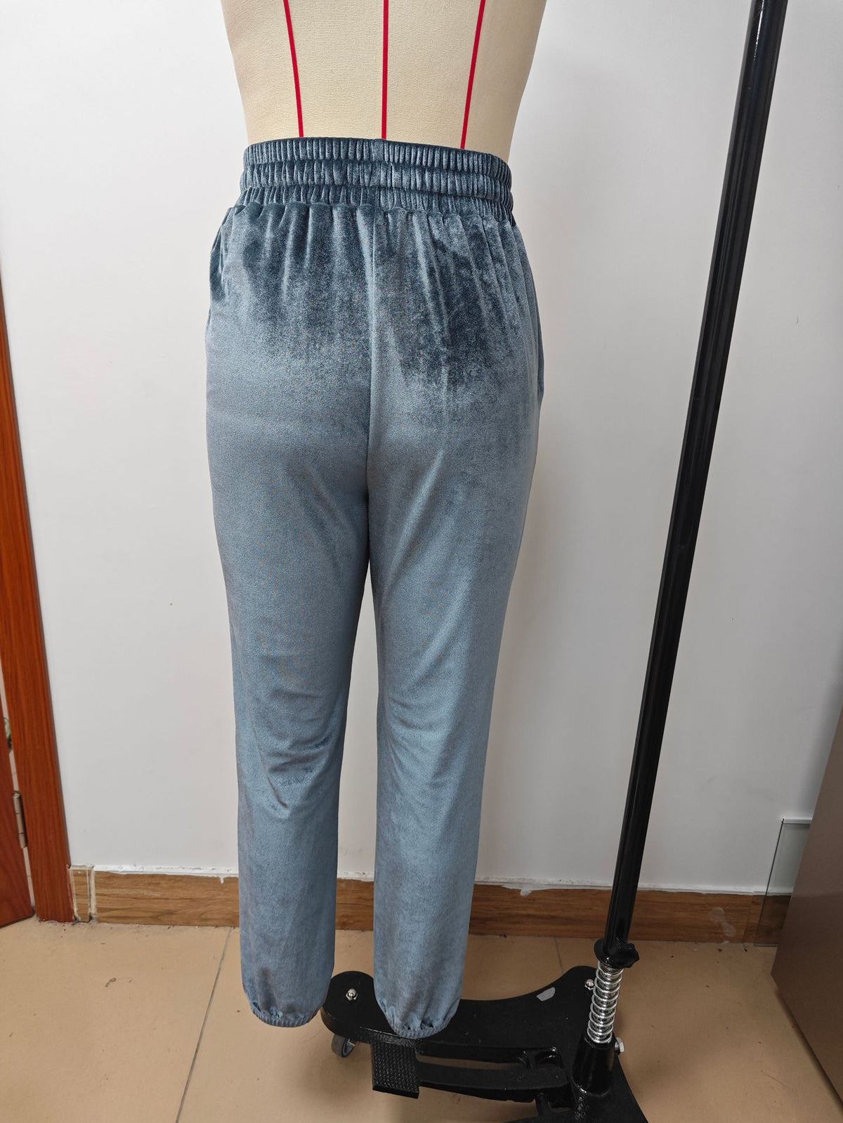 Velvet Drawstring Cuffed Jogger Pants - Grey - 5