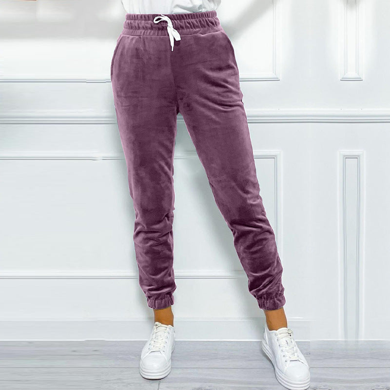 Velvet Drawstring Cuffed Jogger Pants - Purple