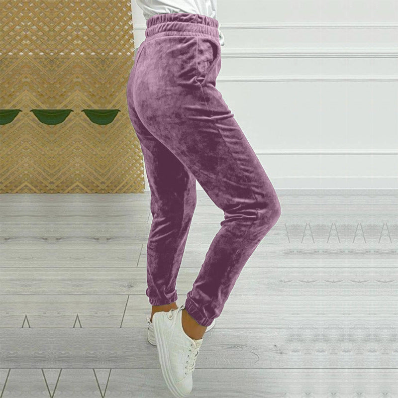 Velvet Drawstring Cuffed Jogger Pants - Purple - 1