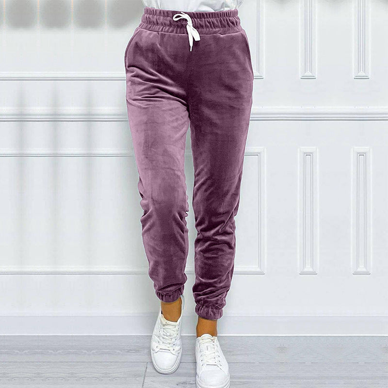 Velvet Drawstring Cuffed Jogger Pants - Purple - 2