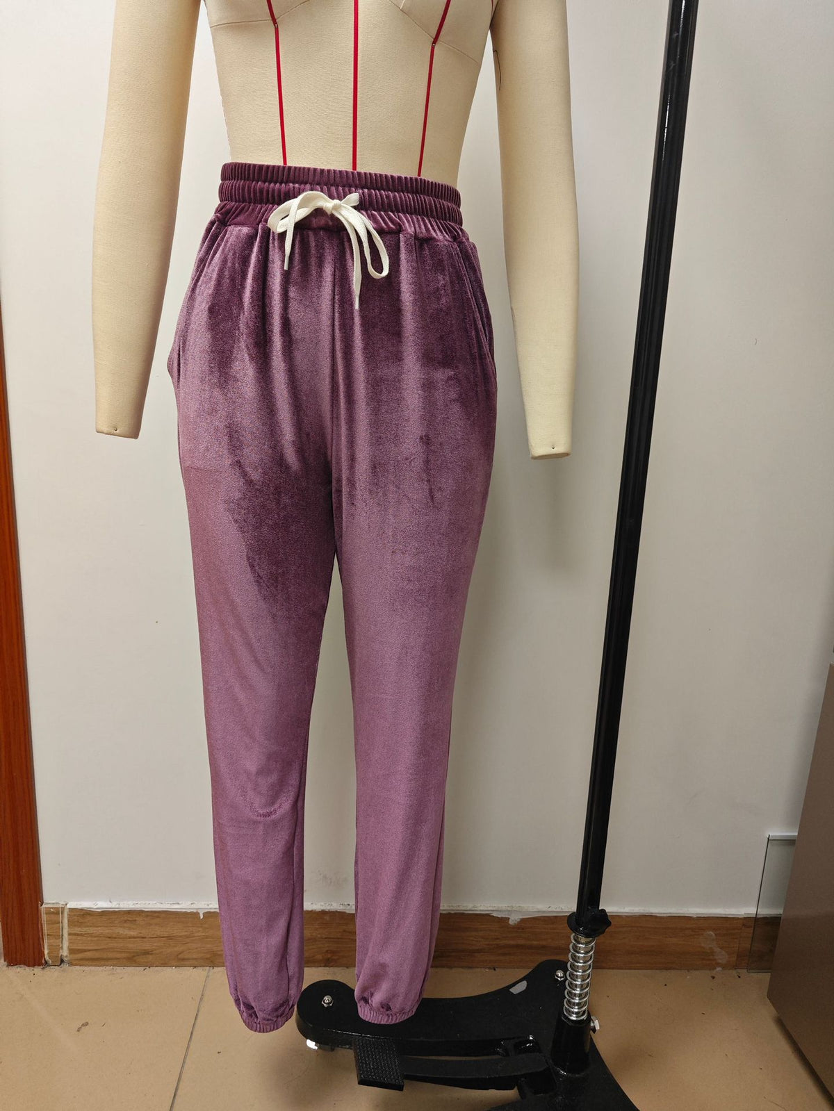 Velvet Drawstring Cuffed Jogger Pants - Purple - 3