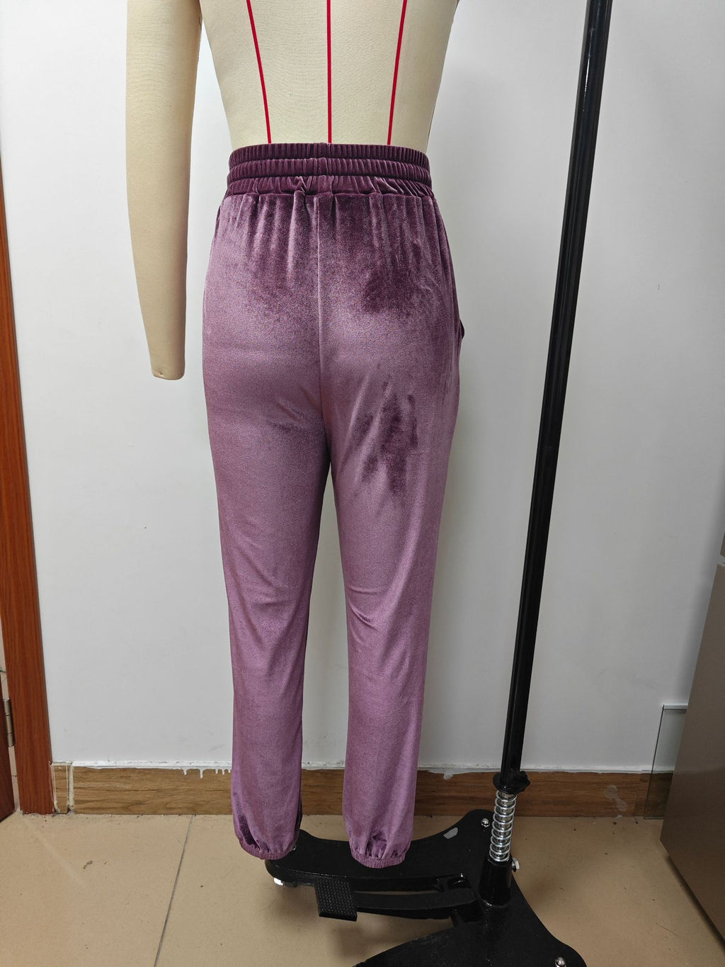 Velvet Drawstring Cuffed Jogger Pants - Purple - 4