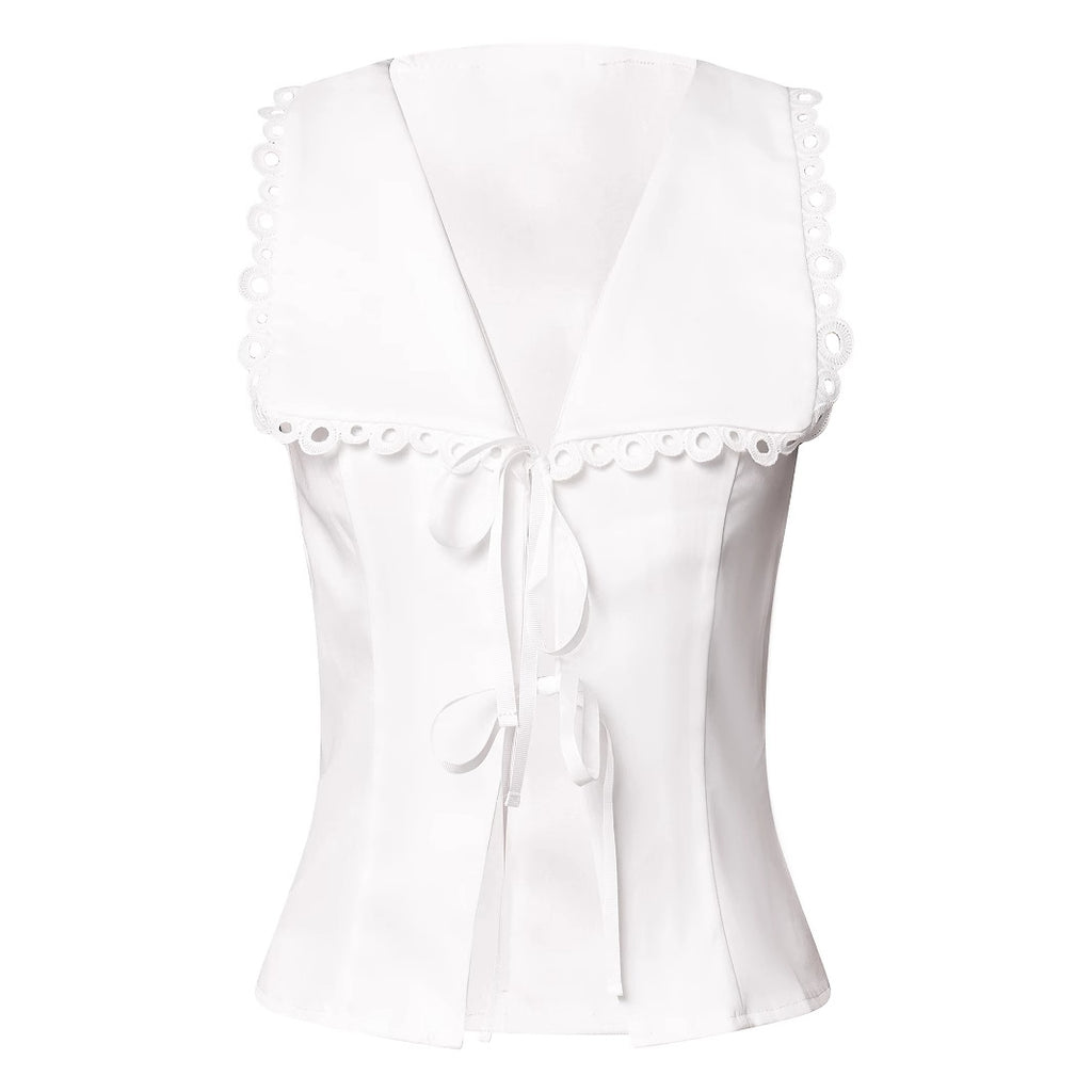 White Scalloped Tie Front Sleeveless Top - view 1