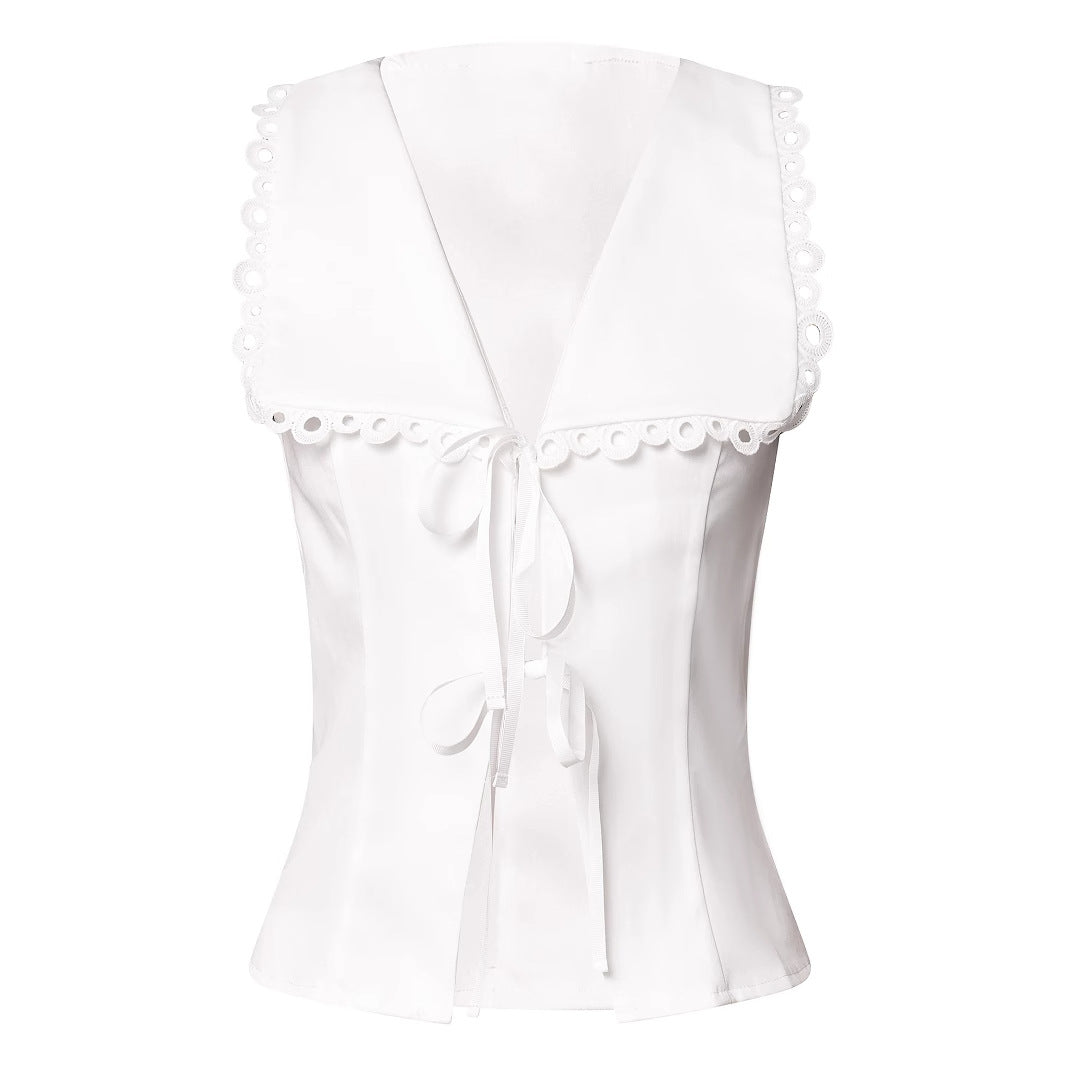 White Scalloped Tie Front Sleeveless Top - view 1