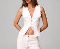 White Scalloped Tie Front Sleeveless Top - white